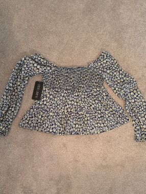 NWT Planet Gold Navy Floral Smocked Off-Shoulder Peplum Top XS